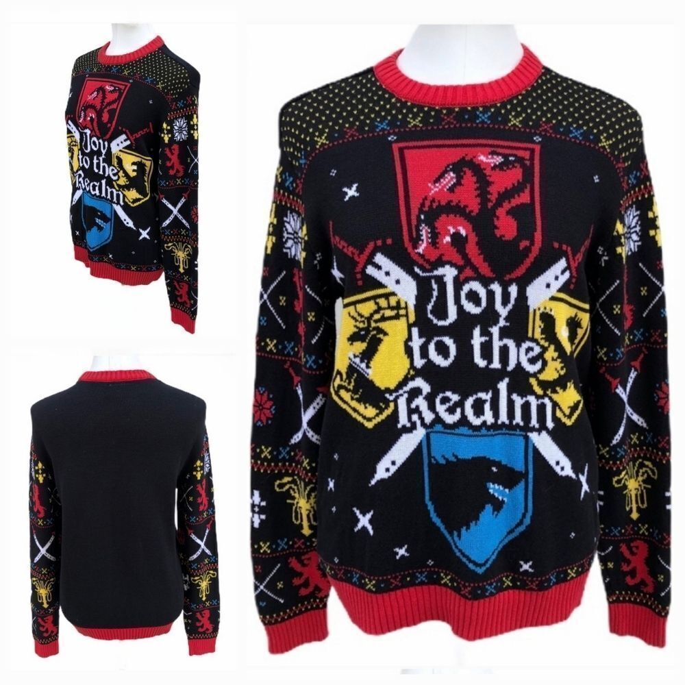 Game of Thrones Sweater Womens Black Red Holiday Christmas Joy to the Realm MED